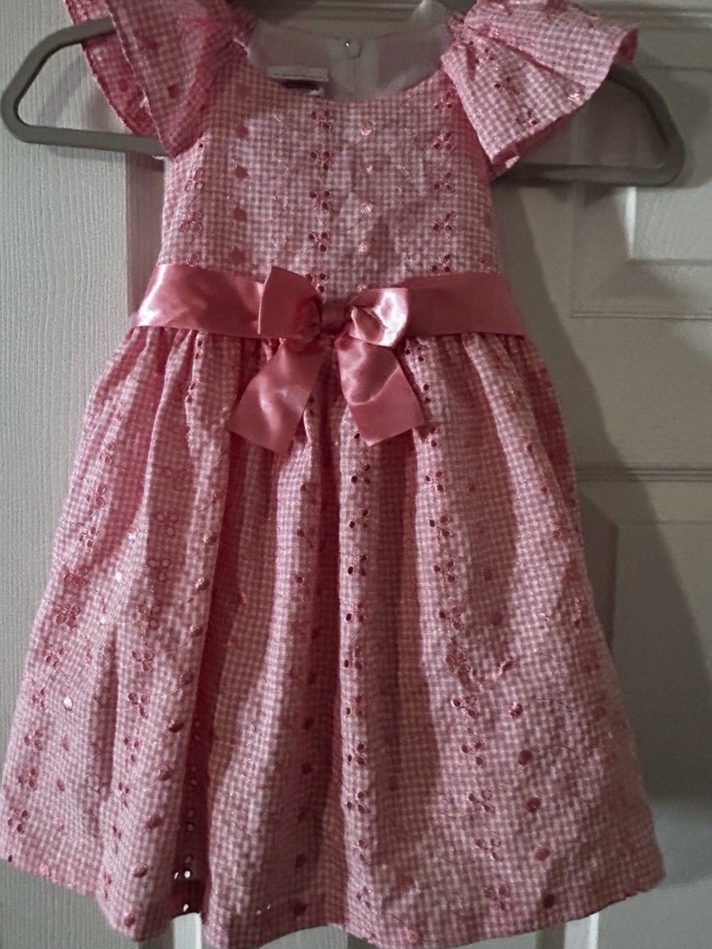 Bonnie Jean Pink Eyelet Gingham Dress with Satin Waist Bow